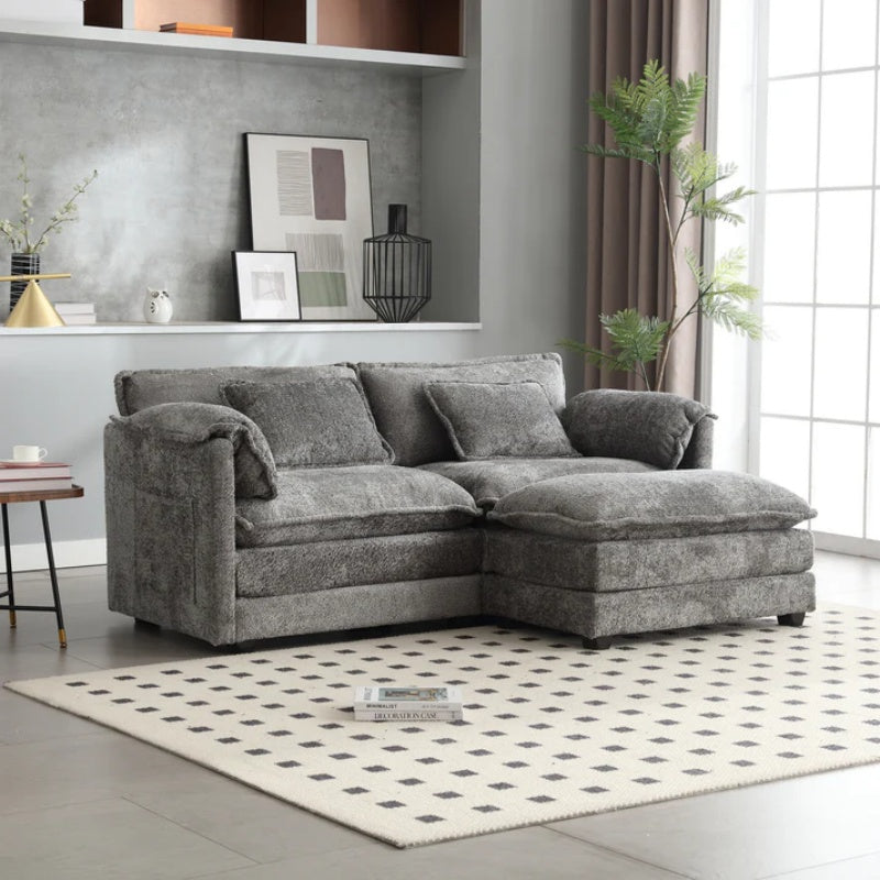 UNITED WE WIN Chenille fabric, removable armrests with side pockets, high density sponge filling, oversized double sofa with footstool-海智集-Default-