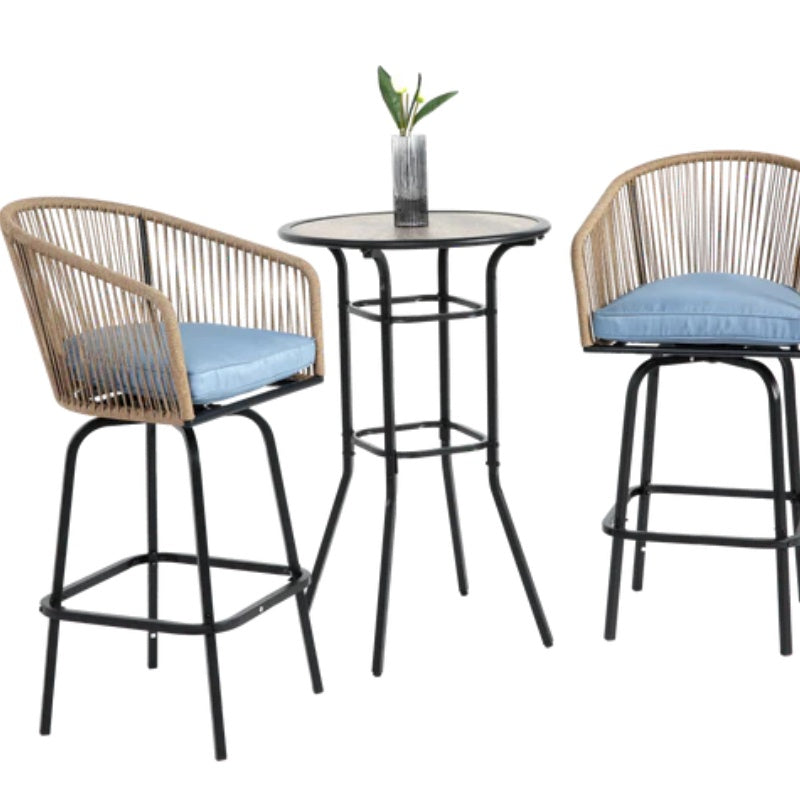 3pcs Outdoor Bar Set, Patio Bar Table and Chairs Set, Bar Height Patio Set - 2 x Swivel Bar Chairs , 1 x Round Bar Table(DPC Wood-Like)-Blue-海智集-Default-