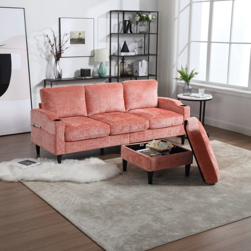 UNITED WE WIN Sofa for three, solid wood frame, Chenille fabric, side pocket, with two cup holders, footstool with storagestorage sofa /Living room sofa cozy sectional sofa-海智集-Default-