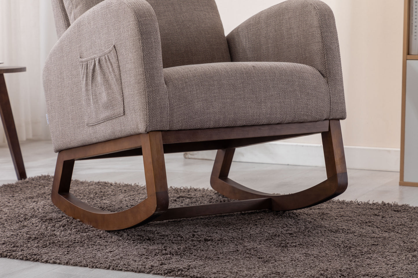 Rocking Chair, Modern Glider Chair, Recliner Armchair with Wood Legs and Side Pocket, Nursery Rocking Accent Chair with High Back for Living Room Bedroom (Grey linen)-海智集-Default-