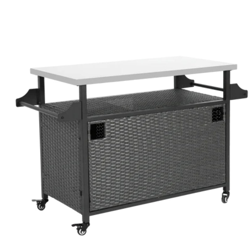 Large bar cart,Outdoor Kitchen Wicker Island Rolling Cart & Storage Cabinet, Wheels and Stainless Steel Extended Table Top, Side Handle for Patio Kitchen or Bar Cart, Grey-海智集-Default-