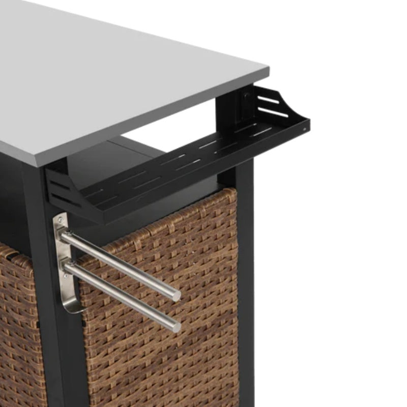 Outdoor Kitchen Wicker Island Rolling Cart & Storage Cabinet, Wheels and Stainless Steel Extended Table Top, Side Handle for Patio Kitchen or Bar Cart, Brown-海智集-Default-