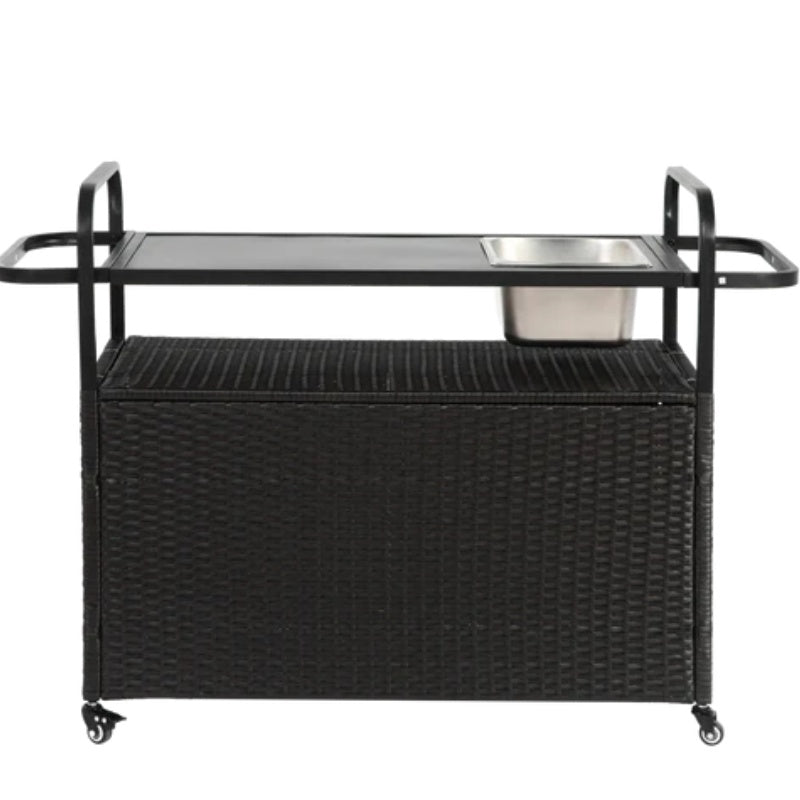 Outdoor Bar Table, Wicker Bar Cart with Cabinet, Patio Serving Cart with steel Top, with one ice bucket,Lockable Wheels, Side Basket for Garden, Poolside & Backyard, Black-海智集-Default-