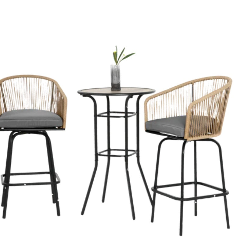 3pcs Outdoor Bar Set, Patio Bar Table and Chairs Set, Bar Height Patio Set - 2 x Swivel Bar Chairs , 1 x Round Bar Table(DPC Wood-Like)-Grey-海智集-Default-