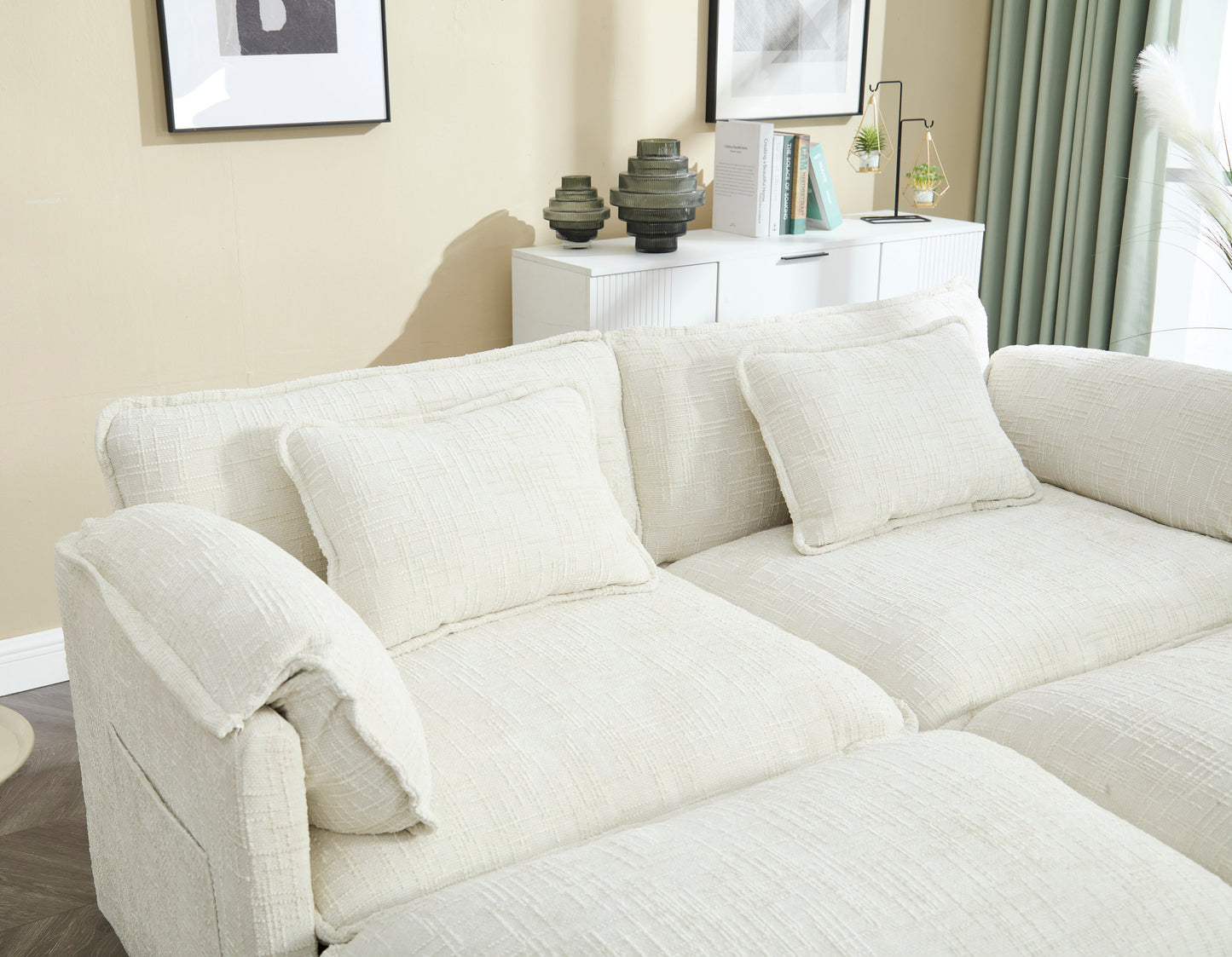 UNITED WE WIN Chenille fabric, solid construction, the overall structure of the sofa is stable, detachable armrests, two foot stools and two-seat sofa with side pockets-海智集-Default-