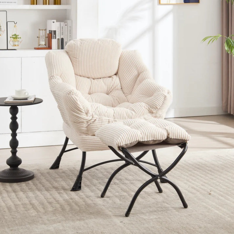 Lazy Chair with Ottoman, Modern Lounge Accent Chair with Armrests and a Side Pocket, Leisure Upholstered Sofa Chair Reading Chair with Footrest for Small Space, Corner Chair-White-海智集-Default-