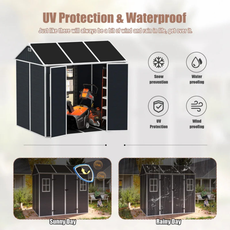 8*7ft Outdoor Storage Shed, Outdoor Resin Shed with Two-Window and Double-Door, Plastic Shed with Floor for Garden, Patio, Yard, Lawn (Dark Gray)-海智集-Default-