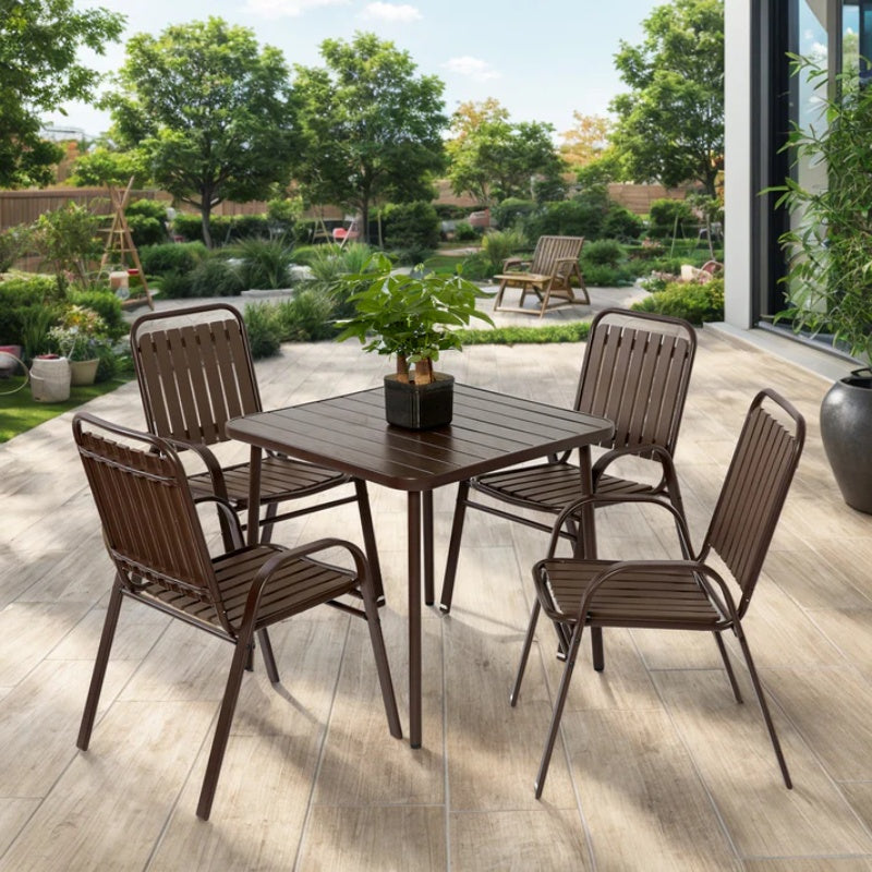 5-Piece Plastic chair and steel table Outdoor Dining Set, plastic Chairs and Table Set for Garden Patio, Brown-海智集-Default-