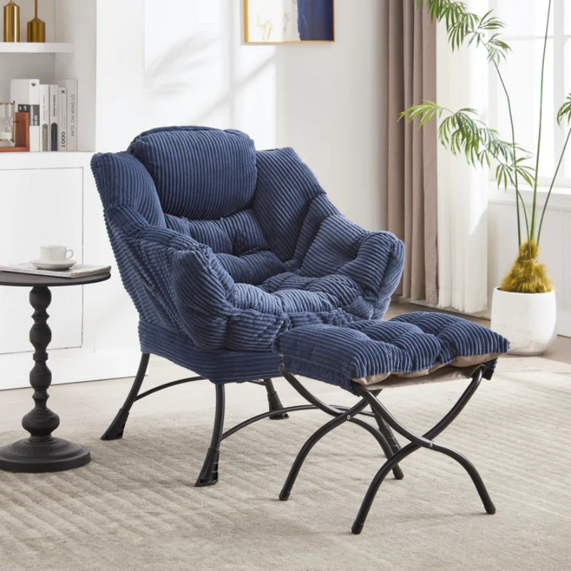 Lazy Chair with Ottoman, Modern Lounge Accent Chair with Armrests and a Side Pocket, Leisure Upholstered Sofa Chair Reading Chair with Footrest for Small Space, Corner Chair-Navy blue-海智集-Default-