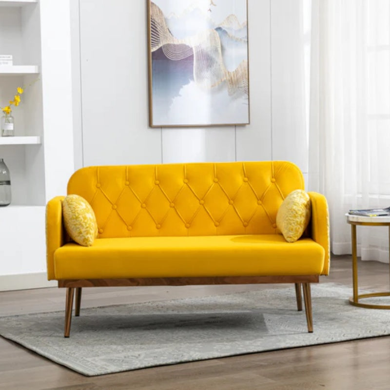 COOLMORE Modern Velvet Loveseat Sofa , Comfy Upholstered 2-Seater Sofa with Gold Metal Legs, Small Loveseat Accent Couch for Living Bedroom Leisure Areas (Yellow Velvet)-海智集-Default-