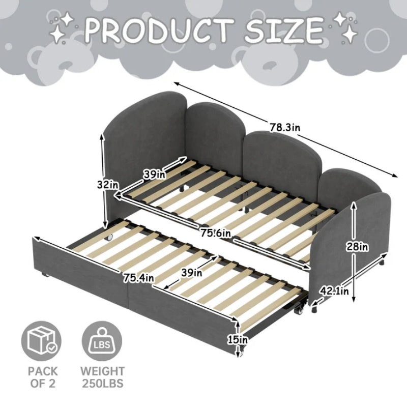 Modern Twin Size Velvet Upholstered Daybed with Additional Bed Frame, Dark Gray, Solid Wood Structure-海智集-Default-