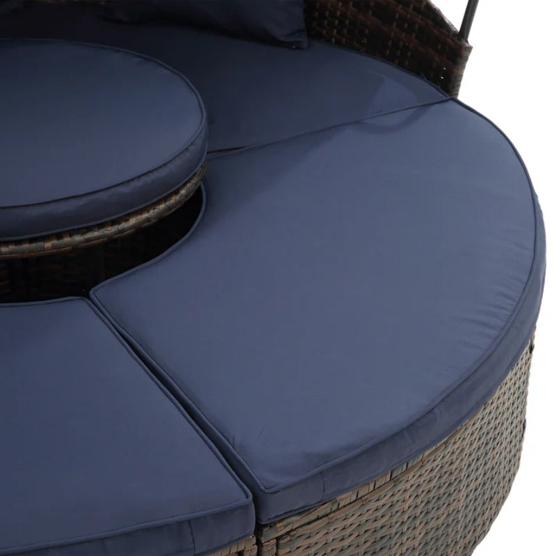 Hot Sale KD Rattan Round Lounge With Canopy Bali Canopy Bed Outdoor, Wicker Outdoor Sofa Bed with lift coffee table-海智集-Default-