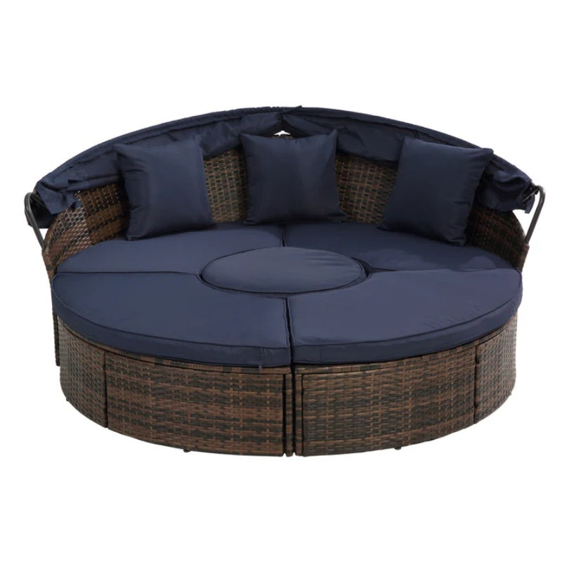Hot Sale KD Rattan Round Lounge With Canopy Bali Canopy Bed Outdoor, Wicker Outdoor Sofa Bed with lift coffee table-海智集-Default-