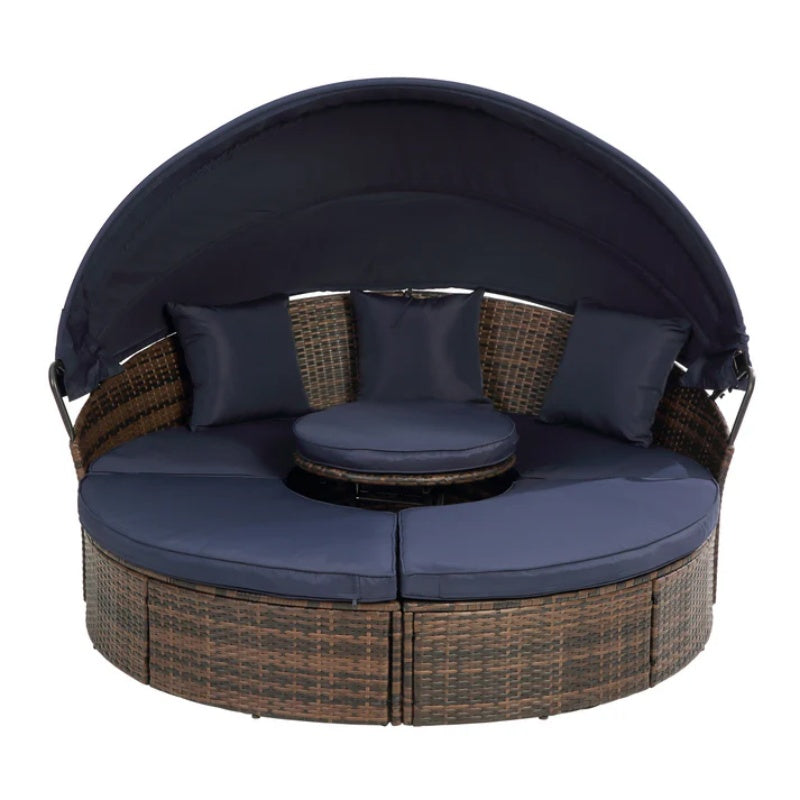 Hot Sale KD Rattan Round Lounge With Canopy Bali Canopy Bed Outdoor, Wicker Outdoor Sofa Bed with lift coffee table-海智集-Default-