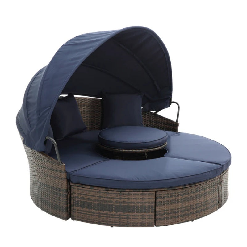 Hot Sale KD Rattan Round Lounge With Canopy Bali Canopy Bed Outdoor, Wicker Outdoor Sofa Bed with lift coffee table-海智集-Default-