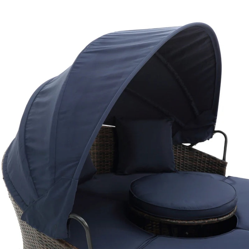 Hot Sale KD Rattan Round Lounge With Canopy Bali Canopy Bed Outdoor, Wicker Outdoor Sofa Bed with lift coffee table-海智集-Default-