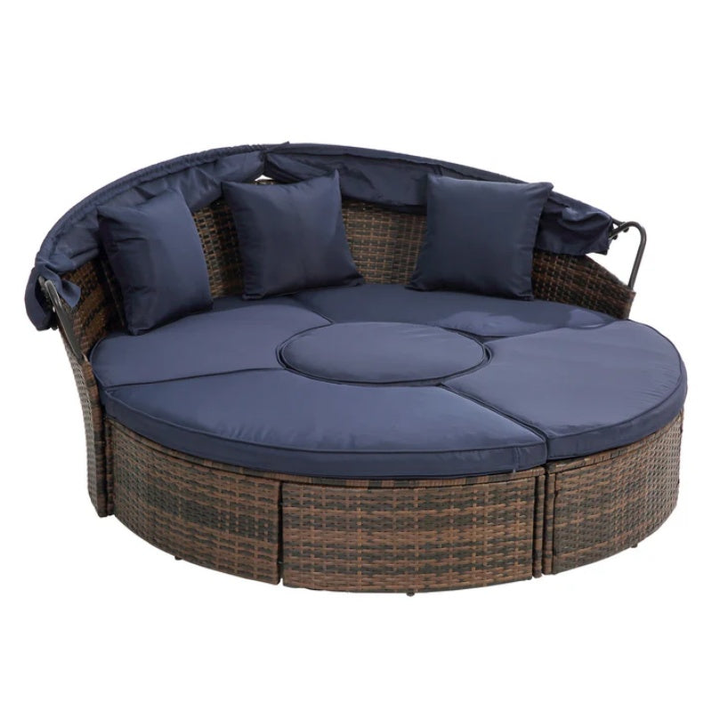 Hot Sale KD Rattan Round Lounge With Canopy Bali Canopy Bed Outdoor, Wicker Outdoor Sofa Bed with lift coffee table-海智集-Default-