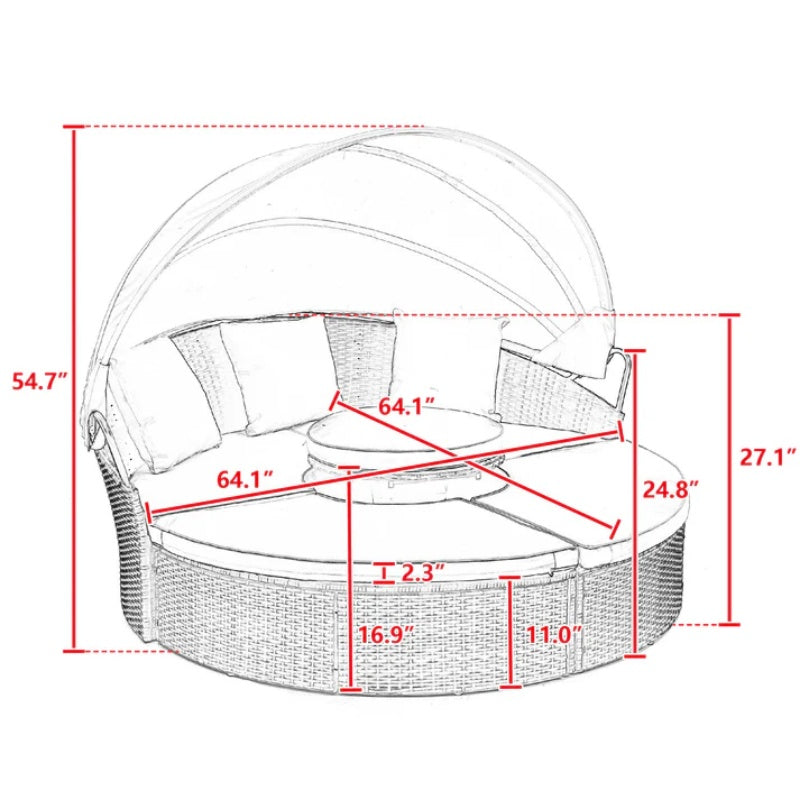 Hot Sale KD Rattan Round Lounge With Canopy Bali Canopy Bed Outdoor, Wicker Outdoor Sofa Bed with lift coffee table-海智集-Default-