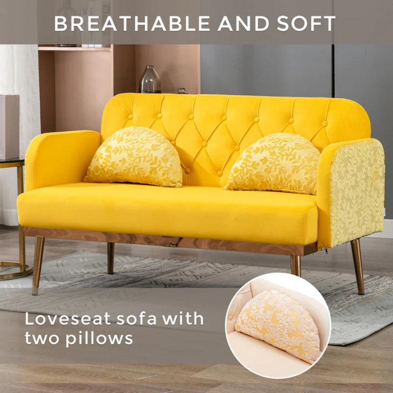 COOLMORE Modern Velvet Loveseat Sofa , Comfy Upholstered 2-Seater Sofa with Gold Metal Legs, Small Loveseat Accent Couch for Living Bedroom Leisure Areas (Yellow Velvet)-海智集-Default-