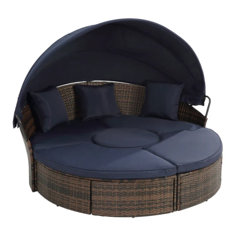 Hot Sale KD Rattan Round Lounge With Canopy Bali Canopy Bed Outdoor, Wicker Outdoor Sofa Bed with lift coffee table-海智集-Default-