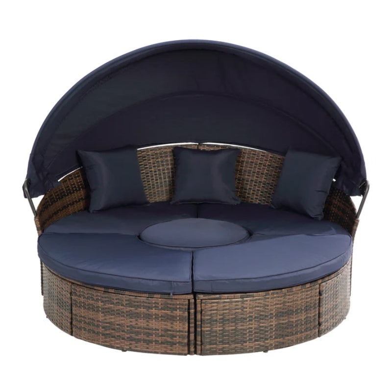 Hot Sale KD Rattan Round Lounge With Canopy Bali Canopy Bed Outdoor, Wicker Outdoor Sofa Bed with lift coffee table-海智集-Default-