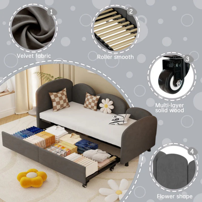 Modern Twin Size Velvet Upholstered Daybed with Additional Bed Frame, Dark Gray, Solid Wood Structure-海智集-Default-