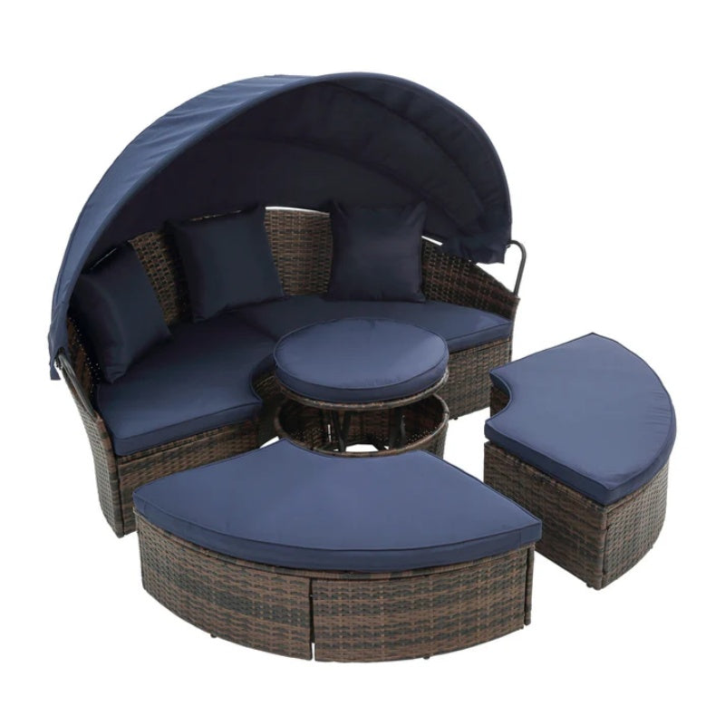 Hot Sale KD Rattan Round Lounge With Canopy Bali Canopy Bed Outdoor, Wicker Outdoor Sofa Bed with lift coffee table-海智集-Default-