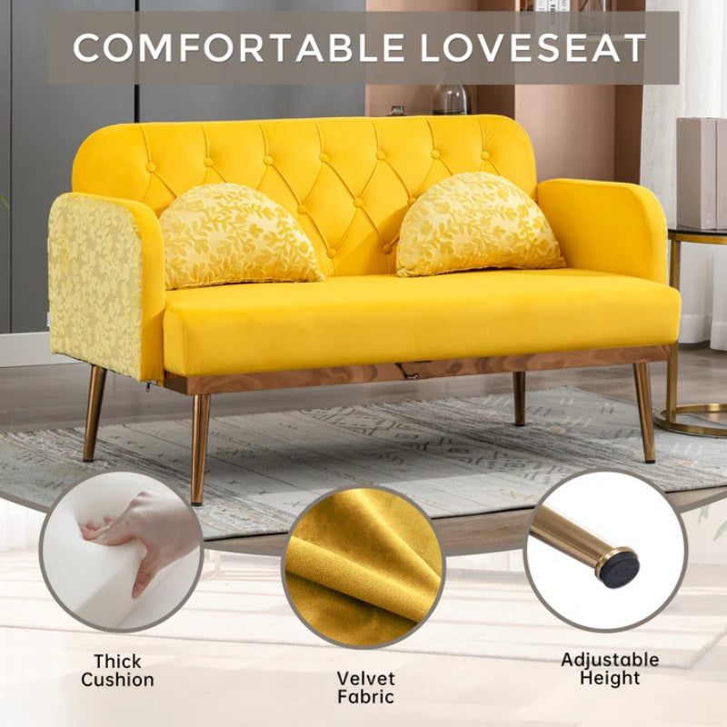 COOLMORE Modern Velvet Loveseat Sofa , Comfy Upholstered 2-Seater Sofa with Gold Metal Legs, Small Loveseat Accent Couch for Living Bedroom Leisure Areas (Yellow Velvet)-海智集-Default-
