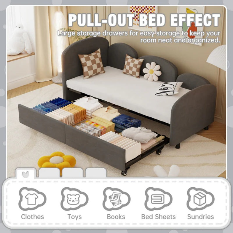 Modern Twin Size Velvet Upholstered Daybed with Additional Bed Frame, Dark Gray, Solid Wood Structure-海智集-Default-