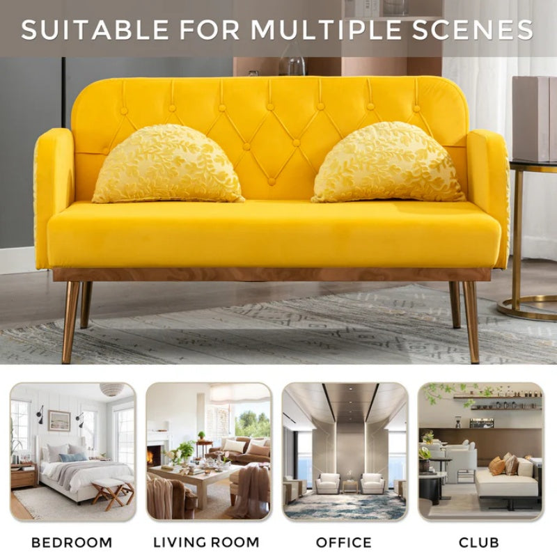 COOLMORE Modern Velvet Loveseat Sofa , Comfy Upholstered 2-Seater Sofa with Gold Metal Legs, Small Loveseat Accent Couch for Living Bedroom Leisure Areas (Yellow Velvet)-海智集-Default-