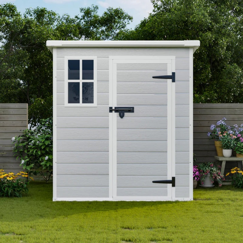 6x6 FT Storage Shed, Waterproof Resin Outdoor Storage Shed with Floor & Window & Lockable Doors and Vents, Tool Shed for Bike, Garden, Backyard,Lawn, All Weather Use, Light Grey-海智集-Default-