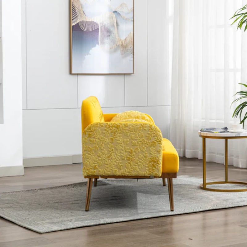 COOLMORE Modern Velvet Loveseat Sofa , Comfy Upholstered 2-Seater Sofa with Gold Metal Legs, Small Loveseat Accent Couch for Living Bedroom Leisure Areas (Yellow Velvet)-海智集-Default-