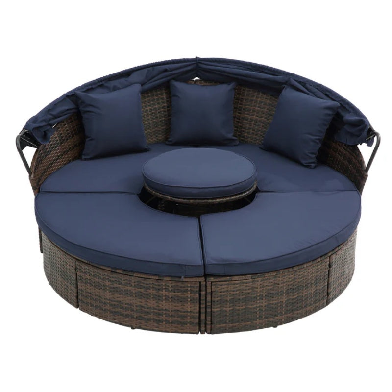 Hot Sale KD Rattan Round Lounge With Canopy Bali Canopy Bed Outdoor, Wicker Outdoor Sofa Bed with lift coffee table-海智集-Default-