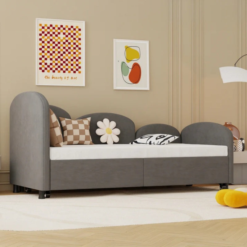 Modern Twin Size Velvet Upholstered Daybed with Additional Bed Frame, Dark Gray, Solid Wood Structure-海智集-Default-