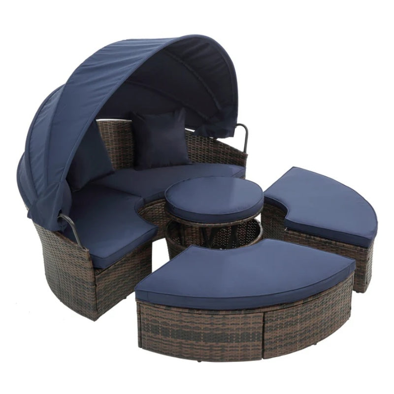 Hot Sale KD Rattan Round Lounge With Canopy Bali Canopy Bed Outdoor, Wicker Outdoor Sofa Bed with lift coffee table-海智集-Default-