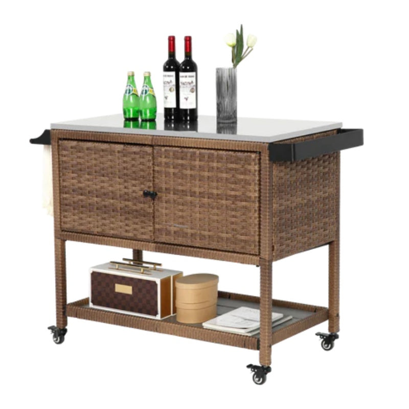 Outdoor Wicker Bar Cart, Patio Wine Serving Cart w/Wheels, Rolling Rattan Beverage Bar Counter Table w/Glass Top for Porch Backyard Garden Poolside Party, Brown-海智集-Default-