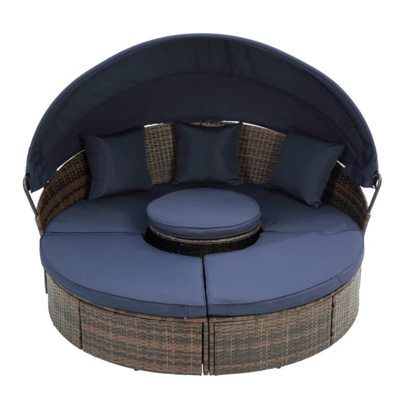 Hot Sale KD Rattan Round Lounge With Canopy Bali Canopy Bed Outdoor, Wicker Outdoor Sofa Bed with lift coffee table-海智集-Default-