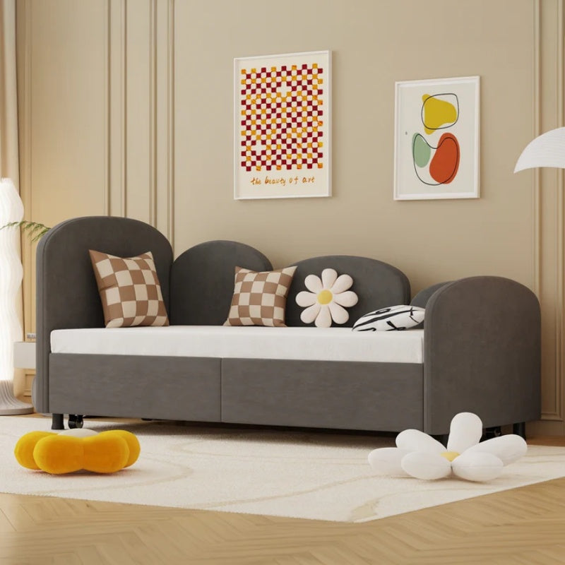 Modern Twin Size Velvet Upholstered Daybed with Additional Bed Frame, Dark Gray, Solid Wood Structure-海智集-Default-