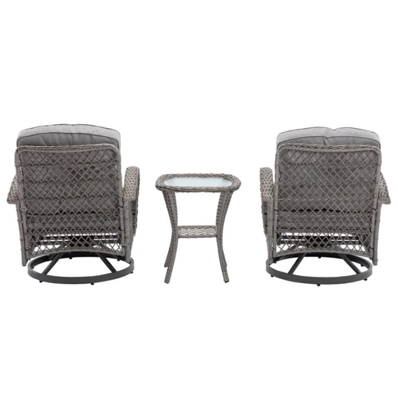 3 Pieces Outdoor Swivel Rocker Patio Chairs, 360 Degree Rocking Patio Conversation Set with Thickened Cushions and Glass Coffee Table for Backyard, Grey-海智集-Default-
