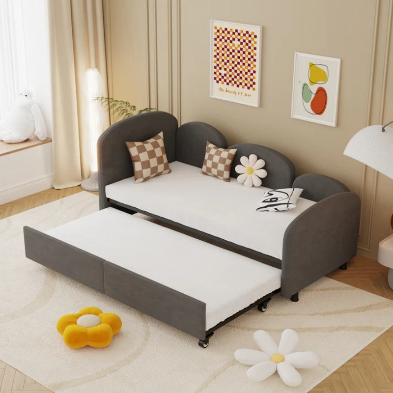 Modern Twin Size Velvet Upholstered Daybed with Additional Bed Frame, Dark Gray, Solid Wood Structure-海智集-Default-