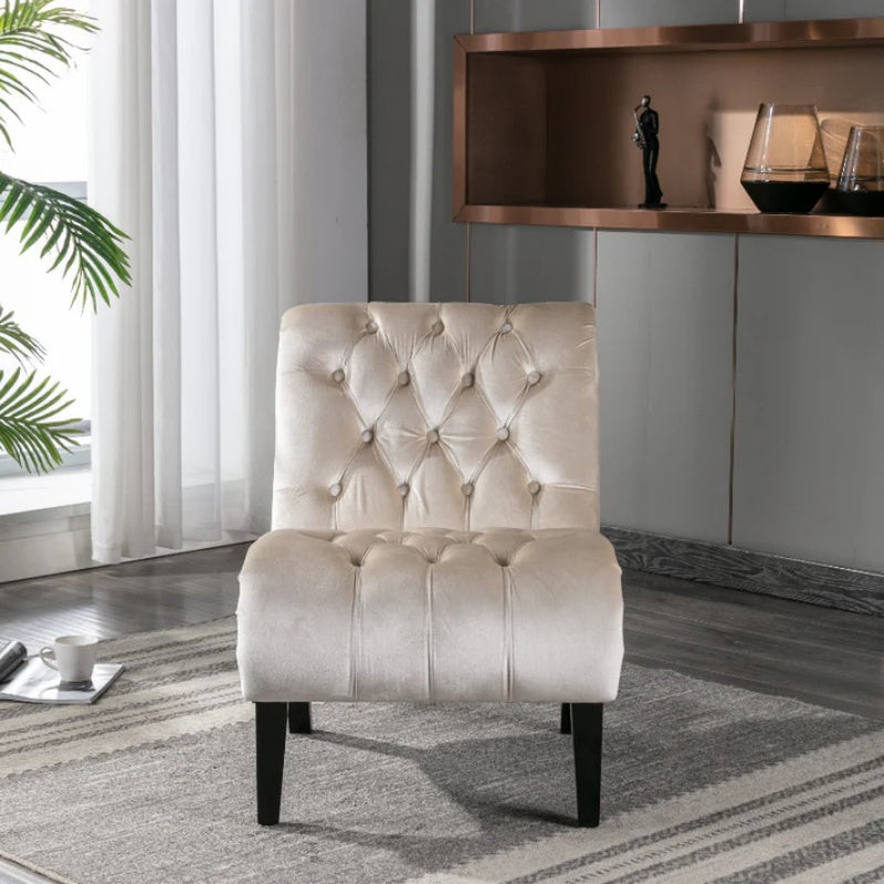 COOLMORE Modern Velvet Armless Accent Living Room Chair / Leisure Chair,Upholstered Fabric Button Comfortable Chair with Wooden Legs for Bedroom, Living Room, Office (Beige Velvet)-海智集-Default-
