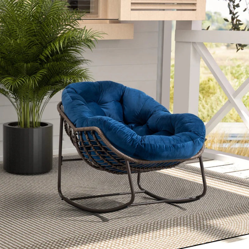 Outdoor Rattan Rocking Chair,Padded Cushion Rocker Recliner Chair Outdoor for Front Porch, Living Room, Patio, Garden, Navy Blue-海智集-Default-