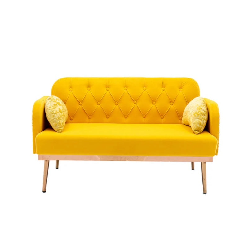 COOLMORE Modern Velvet Loveseat Sofa , Comfy Upholstered 2-Seater Sofa with Gold Metal Legs, Small Loveseat Accent Couch for Living Bedroom Leisure Areas (Yellow Velvet)-海智集-Default-