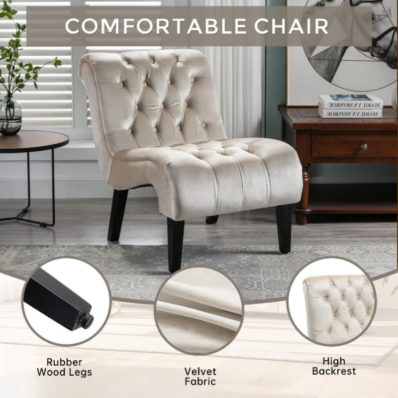 COOLMORE Modern Velvet Armless Accent Living Room Chair / Leisure Chair,Upholstered Fabric Button Comfortable Chair with Wooden Legs for Bedroom, Living Room, Office (Beige Velvet)-海智集-Default-