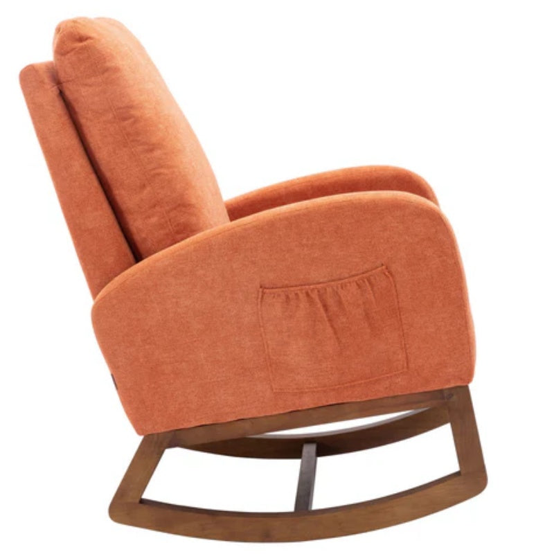 COOLMORE Rocking Chair, Modern Glider Chair, Recliner Armchair with Wood Legs and Side Pocket, Nursery Rocking Accent Chair with High Back for Living Room Bedroom (Orange linen)-海智集-Default-
