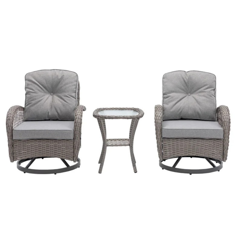 3 Pieces Outdoor Swivel Rocker Patio Chairs, 360 Degree Rocking Patio Conversation Set with Thickened Cushions and Glass Coffee Table for Backyard, Grey-海智集-Default-