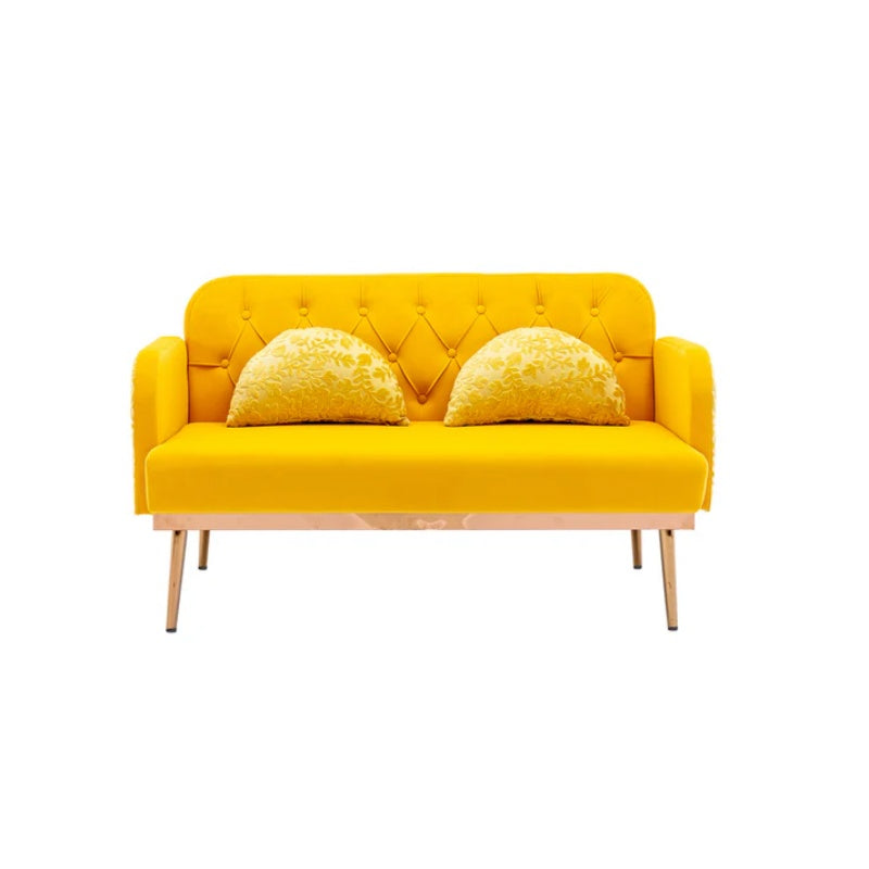 COOLMORE Modern Velvet Loveseat Sofa , Comfy Upholstered 2-Seater Sofa with Gold Metal Legs, Small Loveseat Accent Couch for Living Bedroom Leisure Areas (Yellow Velvet)-海智集-Default-