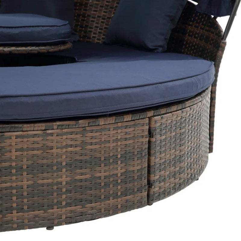 Hot Sale KD Rattan Round Lounge With Canopy Bali Canopy Bed Outdoor, Wicker Outdoor Sofa Bed with lift coffee table-海智集-Default-