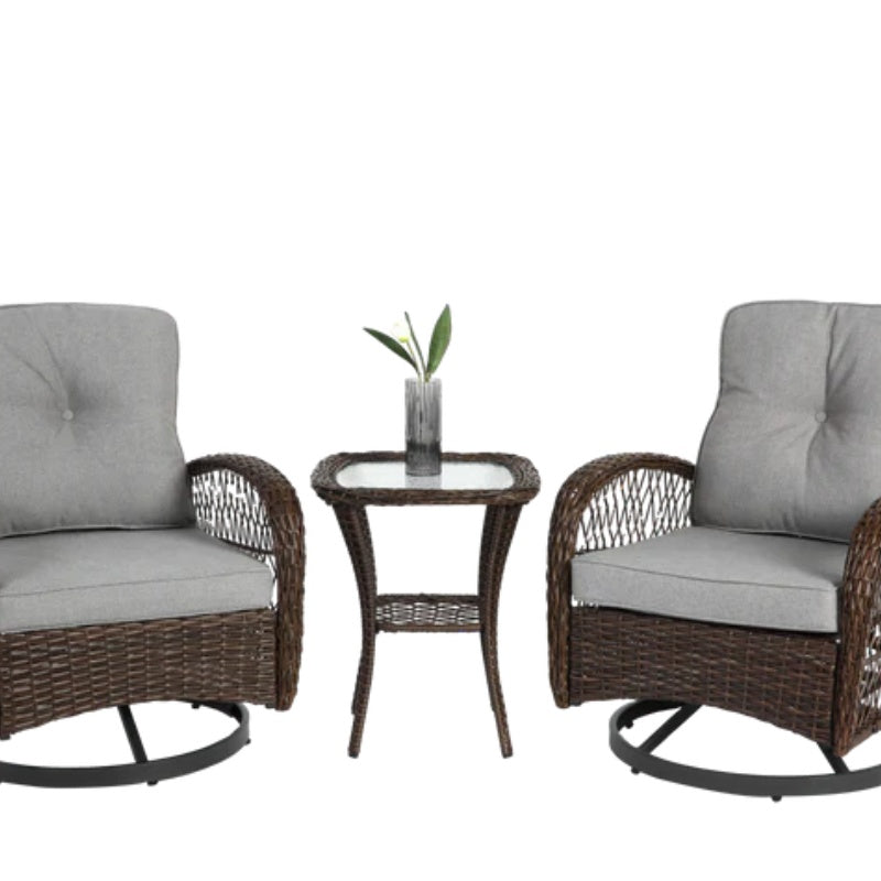 3 Pieces Outdoor Swivel Rocker Patio Chairs, 360 Degree Rocking Patio Conversation Set with Thickened Cushions and Glass Coffee Table for Backyard, Grey-海智集-Default-