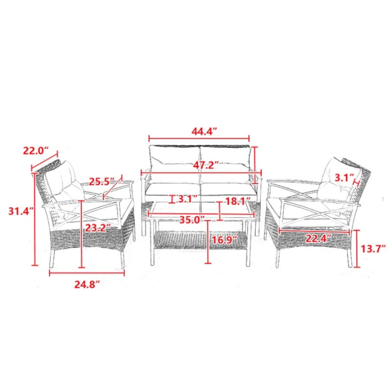 Patio 4 piece sectional low dining conversation sofa set- KD rattan wicker outdoor garden furniture corner sofa set with cushion.-海智集-Default-